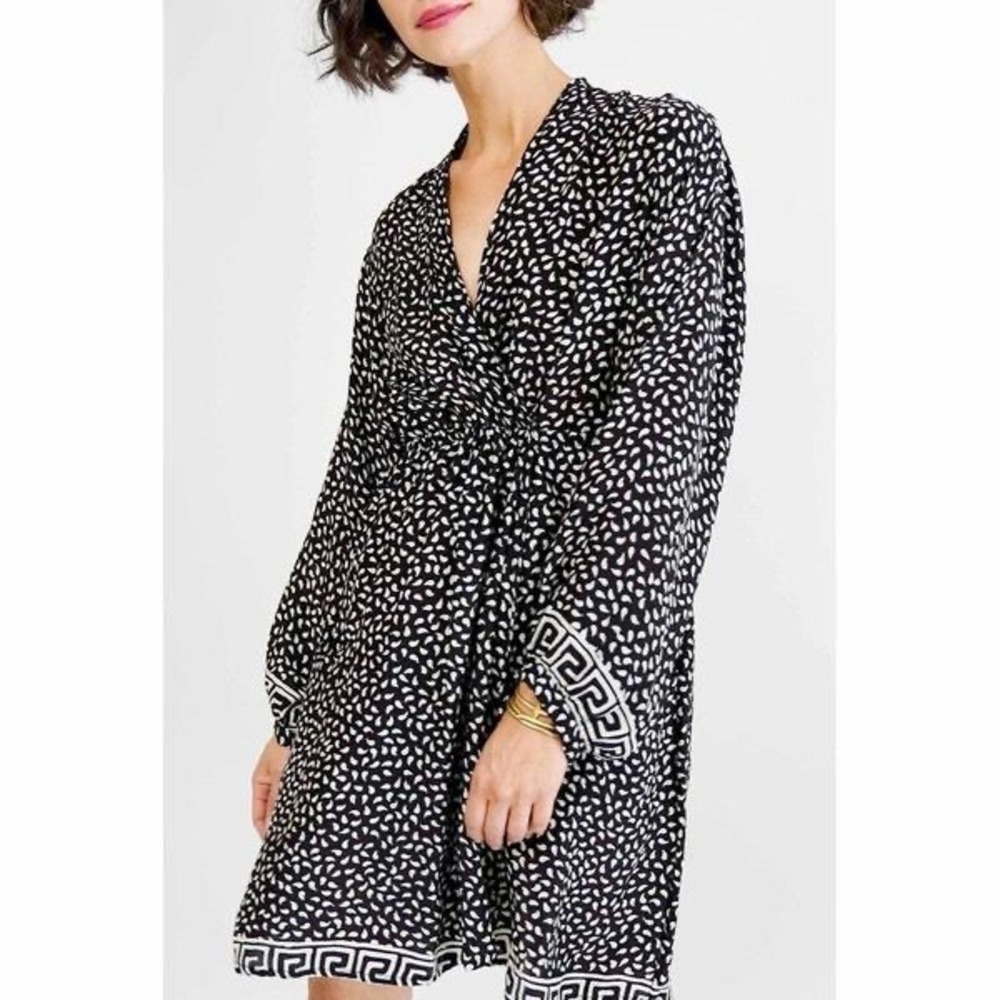 Natalie Martin Nico Dress Black White Petal Print Silk Long Sleeve Size Medium